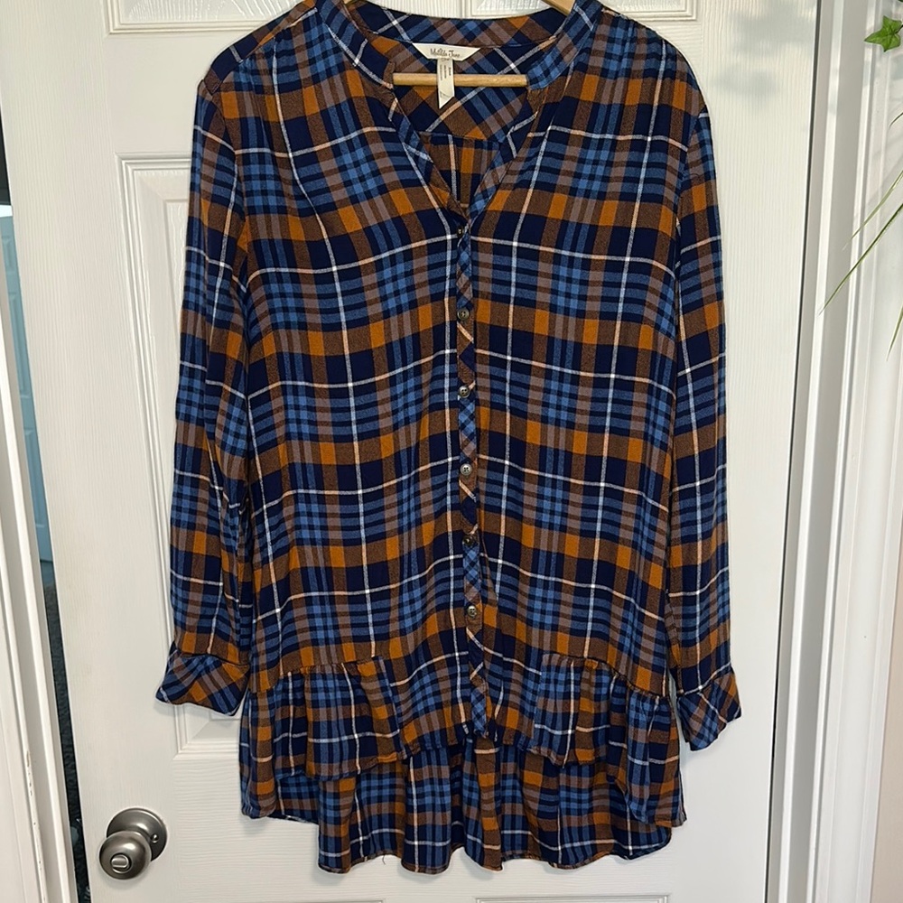 Matilda Jane Blue and Orange Ruffled Button Down Shirt